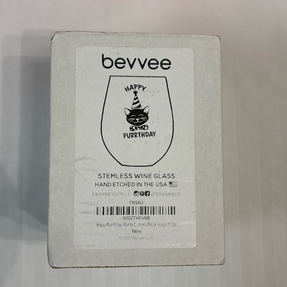 Bevvee “Happy Purrthday” Stemless Wine Glass NIB